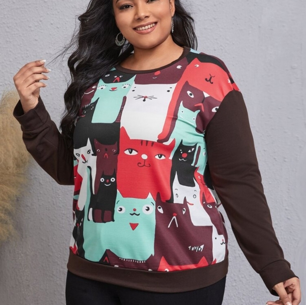 NEW Cat Sweatshirt 1XL Multicolor Cartoon Print Cat Lovers Womens LS Emery Rose